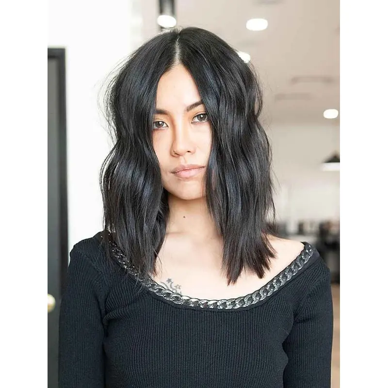 Medium Length Wigs Lace Front Black Wigs Without Bangs Synthetic Wigs