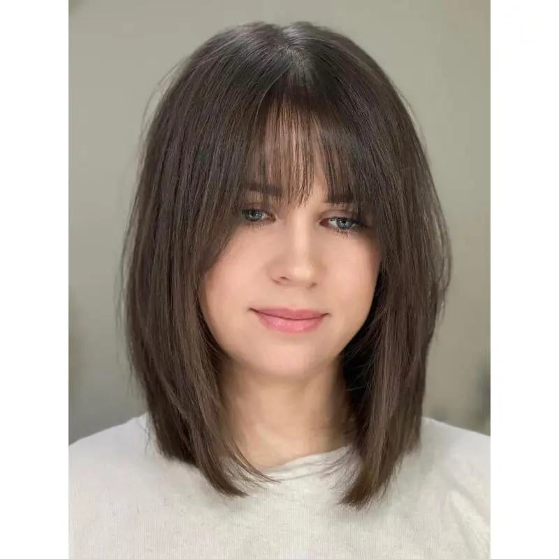 Medium Length Wig Synthetic Straight Wigs Lace Front Brown Wigs