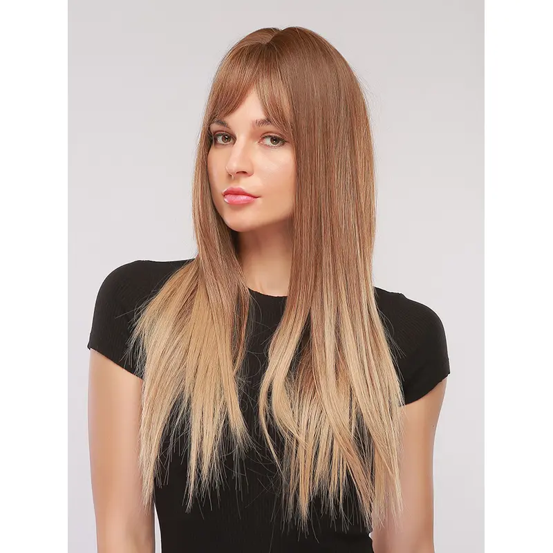 Ombre Brown to Blonde Highlight Wig Natural Long Straight Heat Resistant Synthetic Wig with Bangs for Women Cosplay Halloween Dress Party Wigs