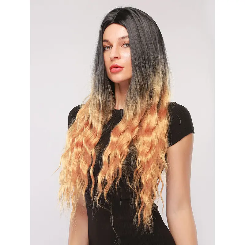 Black to Light Shiny Blonde Natural Water Wave Synthetic Wig Middle Parting Heat Resistant Hair Wig for Women Girls