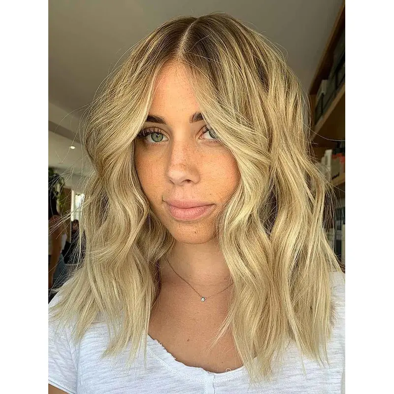 Mid Length Wigs Synthetic Layered Wigs Lace Front Wavy Wigs