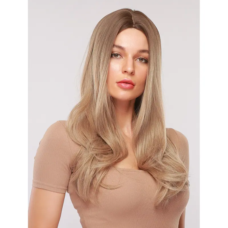 Dark Brown Long Wavy Wigs without Bangs Heat Resistant 20 Inches Ombre Synthetic Middle Parting Wigs Women Cosplay Halloween Fancy Dress Party Daily Wear