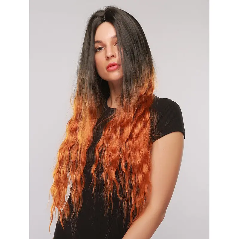Dark Brown to Copper Natural Water Wave Synthetic Wig Middle Parting Heat Resistant Hair Wig for Women Girls