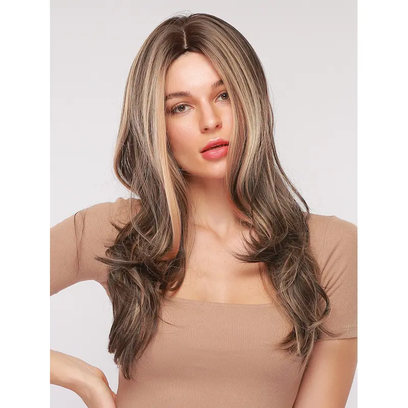 Long Wavy Dark Brown Wigs without Fringes Heat Resistant Synthetic Middle Parting Wigs with Blonde Highlights Women Fancy Dress Party Daily Wear