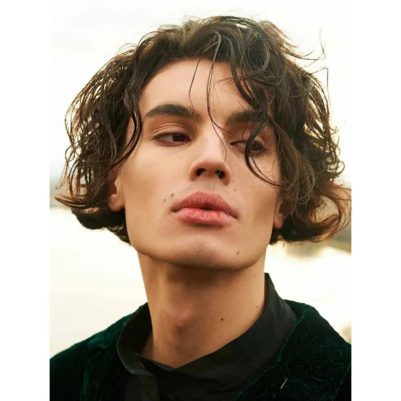 Brown Capless Wavy Short Remy Human Hair Medium Length Curls With Middle Part Men Wigs