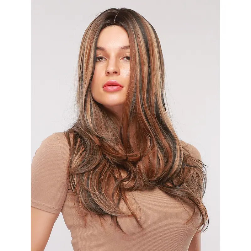 Long Wavy Wig with Highlights Women Black Mixed with Blonde Heat Resistant Synthetic Fiber Wig for Girls Cosplay Halloween Fancy Dress Party Wig