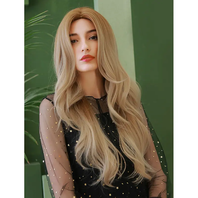Natural Body Wave Wigs for Women Long Synthetic Ombre Blonde Wig without Fringes Heat Resistant Hair Wigs Middle Parting for Cosplay Costume Fancy Dress