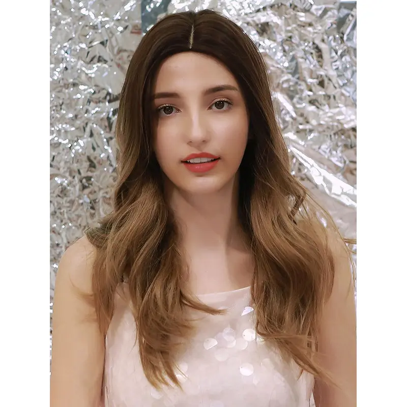Dark Brown to Light Brown Natural Long Body Wavy Synthetic Wig Middle Parting Heat Resistant Hair Wig for Women Girls