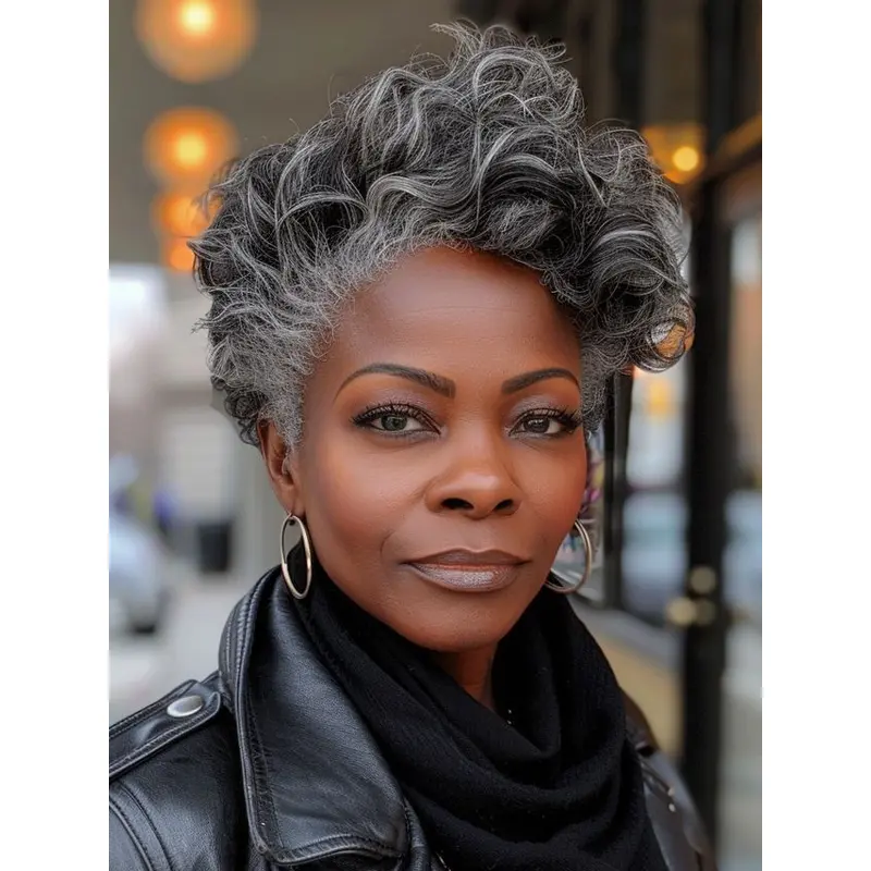 Short Salt And Pepper Human Hair Wigs For African American Layered Monofilament 6" Wigs