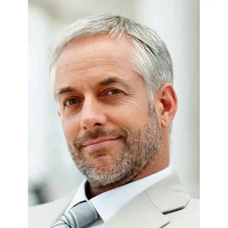 Grey Monofilament Straight Short Remy Human Hair Textured Crop Side Swept Front Men Wigs