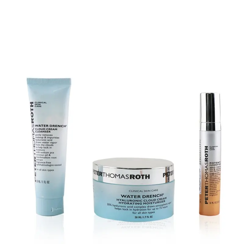 Peter Thomas Roth Hydration Glow-Up Kit: 1x Water Drench Cleanser 30ml + 1x Water Drench Moisturizer 50ml + 1x Potent-C Power Serum 10ml  3pcs