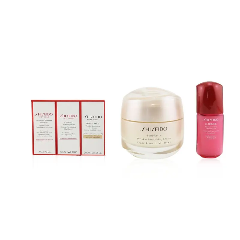 Shiseido Anti-Wrinkle Ritual Benefiance Wrinkle Smoothing Cream Set (For All Skin Types): Wrinkle Smoothing Cream 50ml + Cleansing Foam 5ml + Softener Enriched 7ml + Ultimune Concentrate 10ml + Wrinkle Smoothing Eye Cream 2ml  5pcs+1pouch
