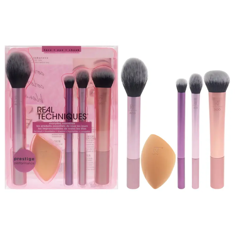 Real Techniques Everyday Essential Set by Real Techniques for Women - 5 Pc Blush Brush - 400, Miracle Complexion Sponge, Deluxe Crease Brush - 300, Setting Brush - 402, Expert Face Brush - 200