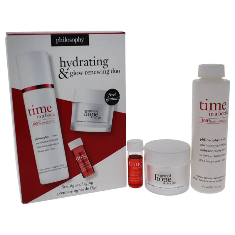 Philosophy Hydrating & Glow Renewing by Philosophy for Unisex - 3 Pc Set 1.3oz Time In A Bottle Resist-Renew-Repair Serum, 0.093oz Time In A Bottle Resist-Renew-Repair Activator, 0.5oz Renewed Hope In A Jar