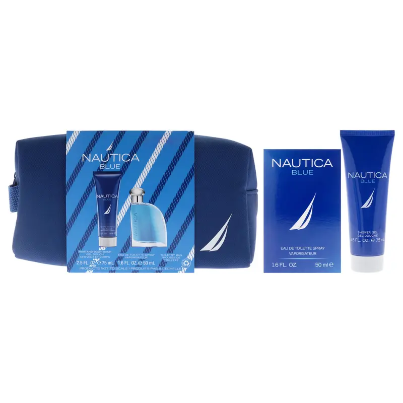 Nautica Nautica Blue by Nautica for Men - 3 Pc Gift Set 1.6oz EDT Spray, 2.5oz Hair and Body Wash, Toiletry Bag
