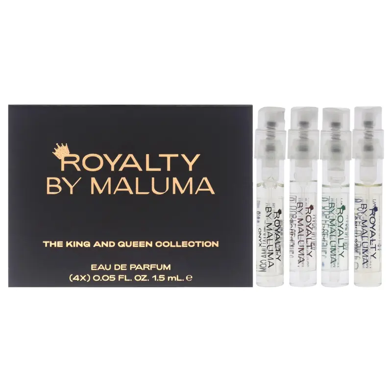 Royalty By Maluma The King and Queen Collection by Royalty By Maluma for Unisex - 4 Pc Gift Set 0.05oz Onyx For Him EDP Spray, 0.05oz Garnet For Him EDP Spray, 0.05oz Jade For Her EDP Spray, 0.05oz Amethyst for Her EDP Spray
