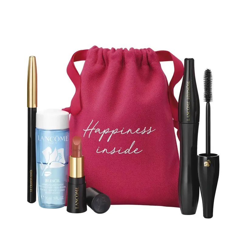 LANCOME SET: MASCARA 6.2ML NO1 BLACK + LIPSTICK 1.6G NO274 + CLEANSER 30ML + EYE PENCIL BLK 1.14G