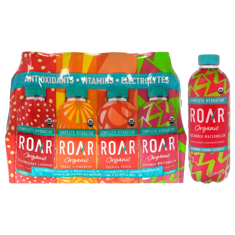 Roar Complete Hydration Organic Variety Pack by Roar for Unisex - 12 x 18 oz Cucumber Watermelon, Mango Clementine, Georgia Peach, Strawberry Lemonade