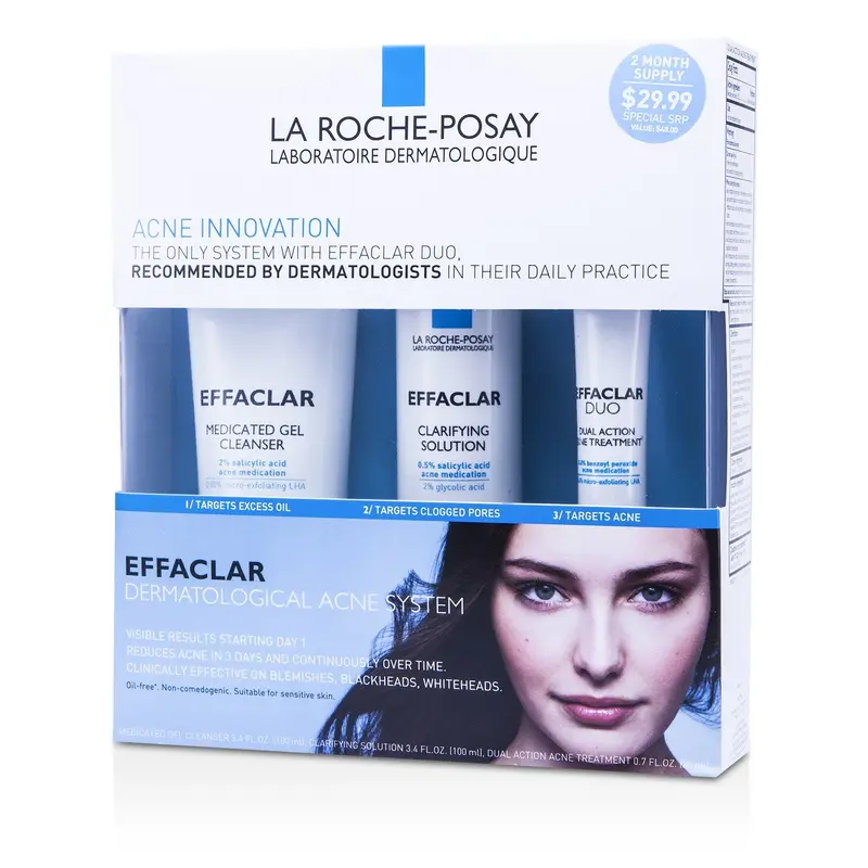 La Roche Posay Effaclar Dermatological Acne System: Gel Cleanser 100ml + Clarifying Solution 100ml + Acne Treament 20ml  3pcs
