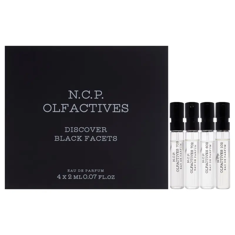 NCP Discover Black Facets Kit by NCP for Unisex - 4 x 2 ml Olfactive Facet - 102 Ginger and Lime EDP Spray, Olfactive Facet - 602 Sandalwood and Cedarwood EDP Spray, Olfactive Facet - 702 Musk and Amber EDP Spray, Olfactive Facet - 703 Tonka Bean and Moka