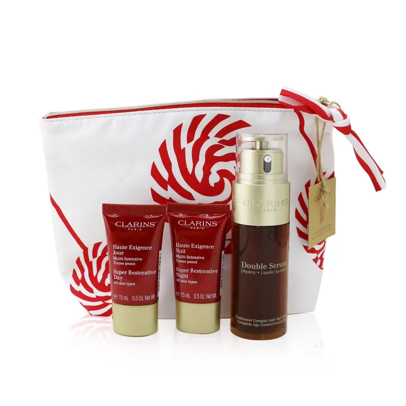 Clarins Double Serum & Super Restorative Collection: Double Serum 50ml+ Super Restorative Day 15ml+ Super Restorative Night 15ml+ Bag  3pcs+1bag