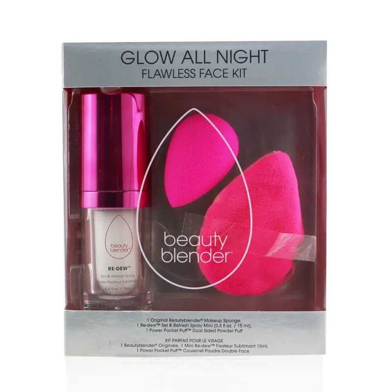BeautyBlender Glow All Night Flawless Face Kit: 1x Original Beautyblender + 1x Re-Dew Set & Refresh Spray Mini + 1x Power Pocket Puff  3pcs