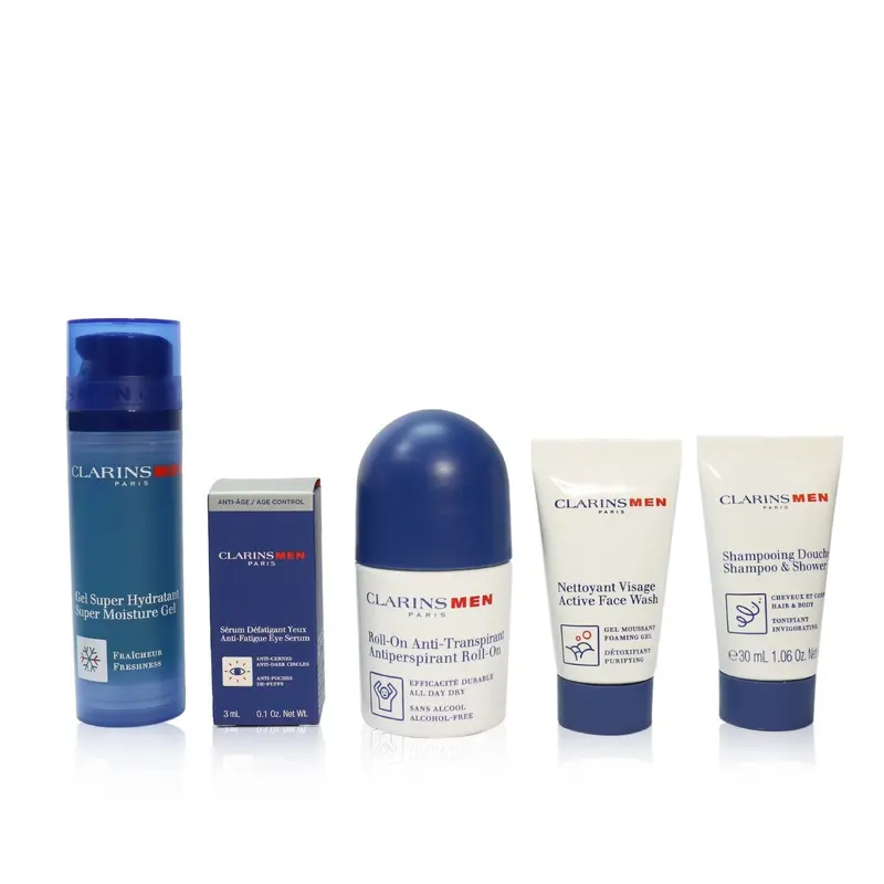 Clarins Men Grooming Essentials For Men Travel Exclusive Kit: Moisture Gel 50ml + Face Wash 30ml + Eye Serum 3ml + Antiperspirant Roll-On 50ml + Shampoo & Shower 30ml  5pcs+1bag