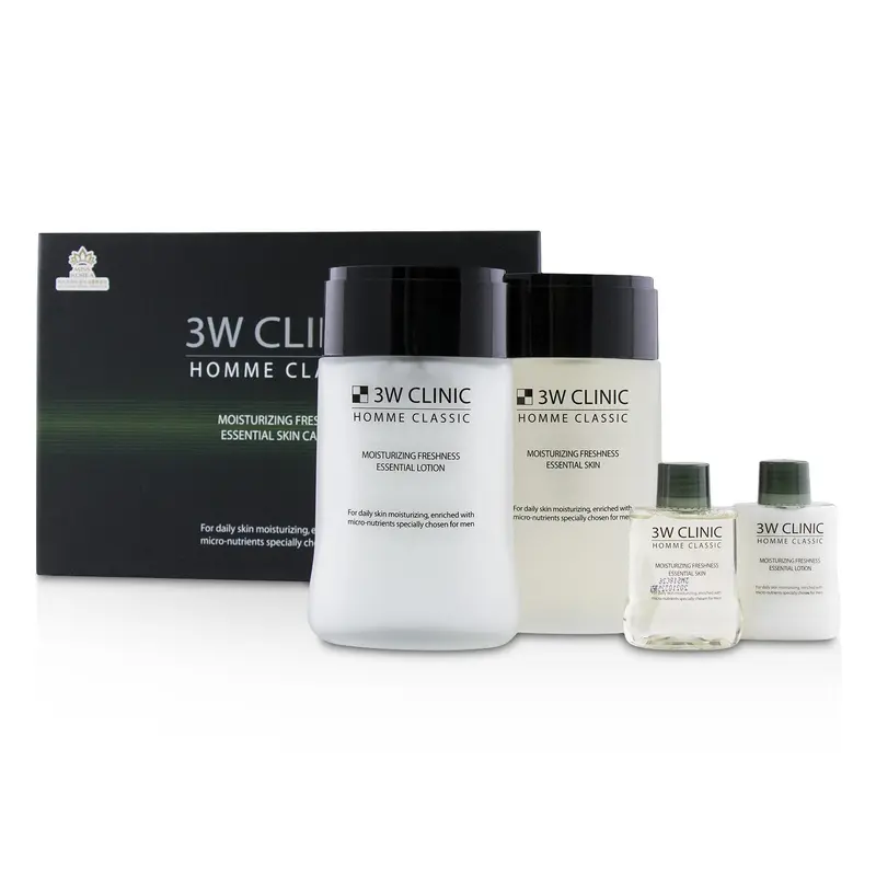 3W Clinic Homme Classic - Moisturizing Freshness Essential Skin Care Set: Essential Skin 150ml+30ml + Essential Lotion 150ml+30ml  4pcs