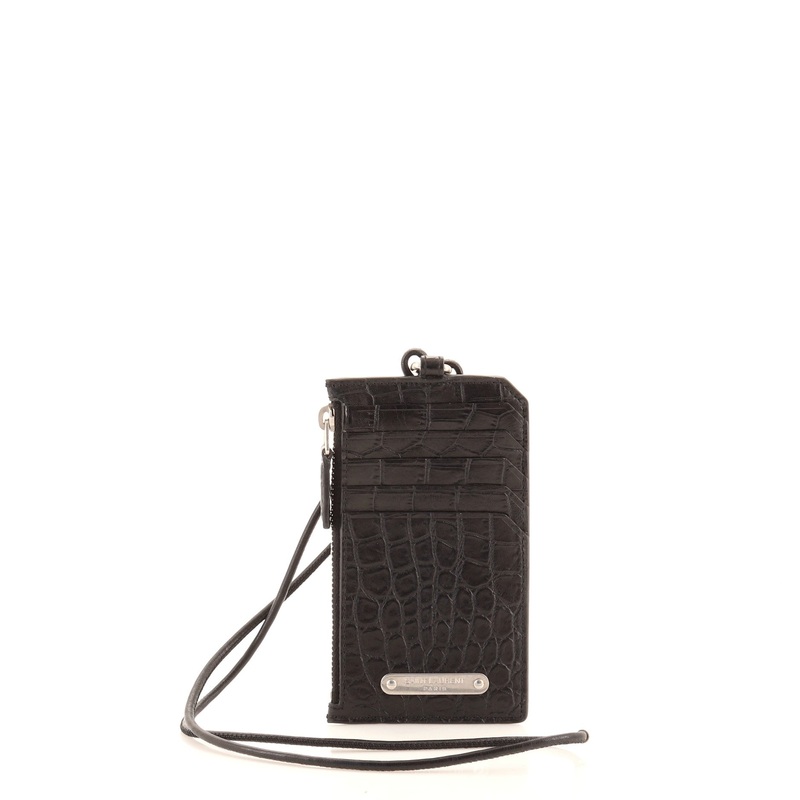 Lanyard Fragment Zip Card Holder Crocodile Embossed Leather